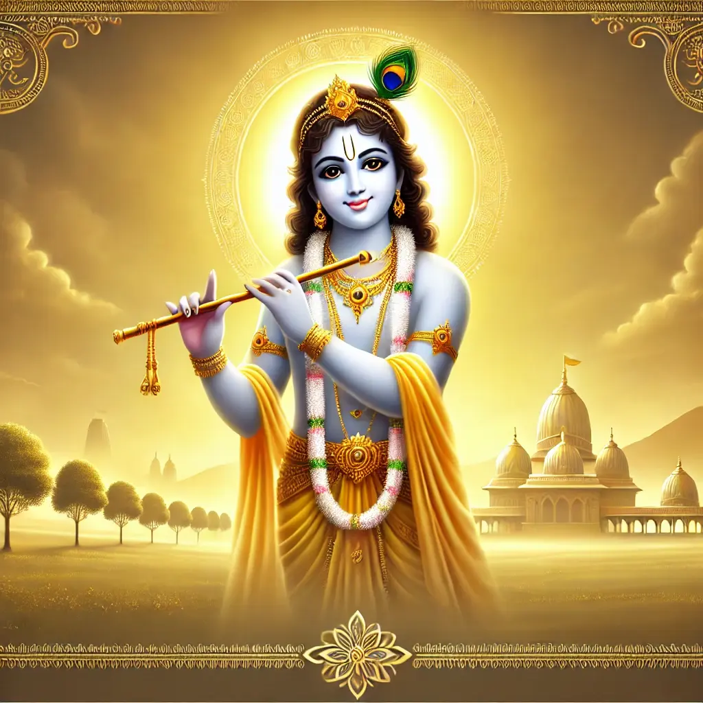 A peaceful image of Lord Krishna standing under a golden sky with a flute, radiating love and devotion.