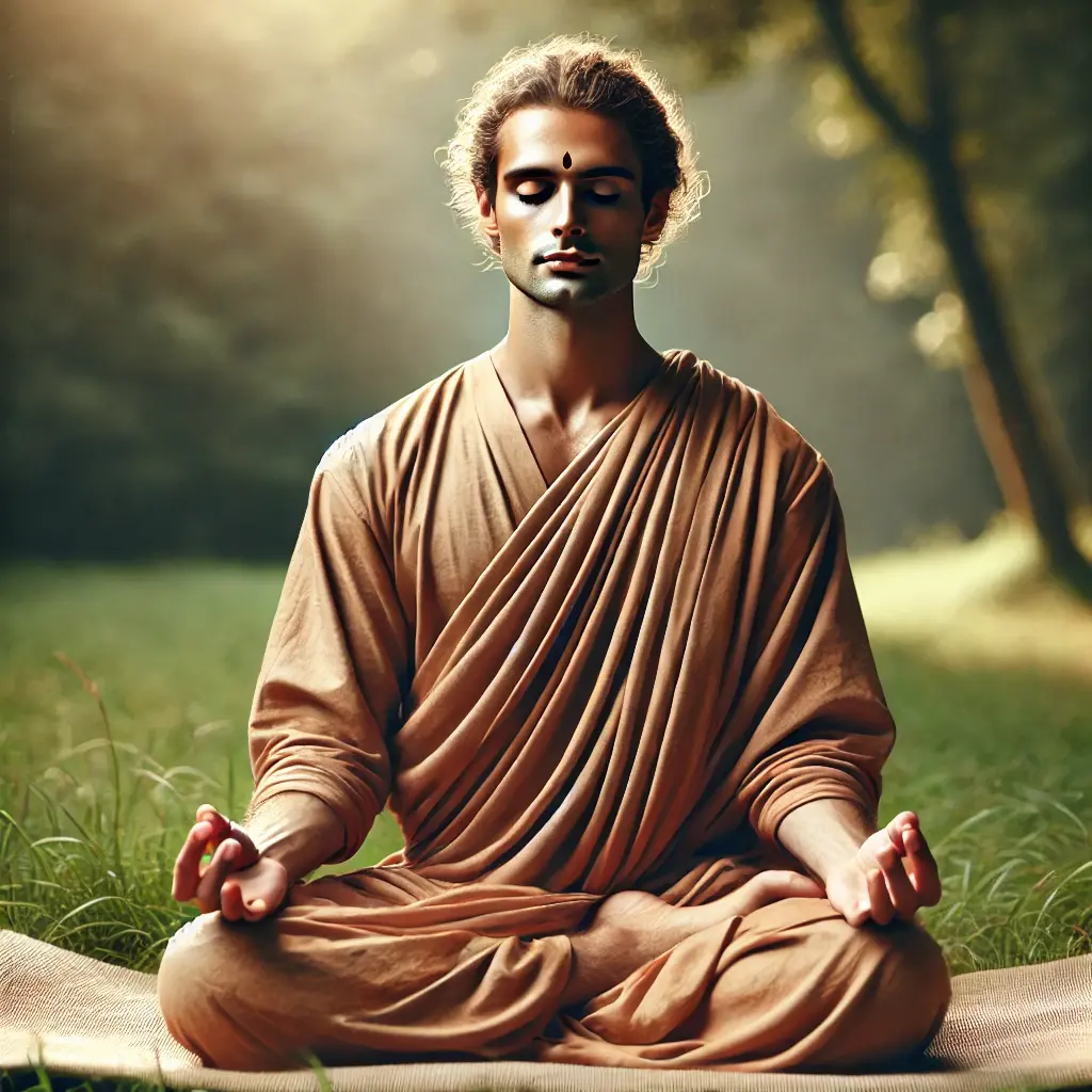 An Indian sadhak meditates peacefully in nature, symbolizing the self-discipline and inner calm.