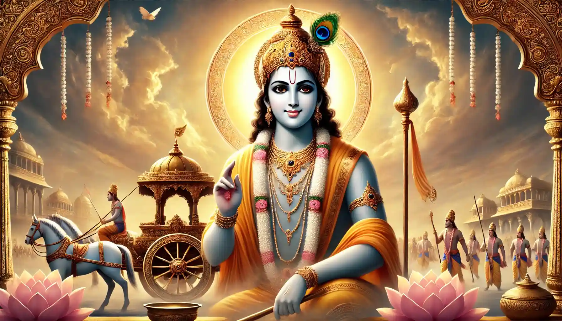 Wide animated image of Krishna and Arjuna on a chariot at Kurukshetra, with glowing skies.