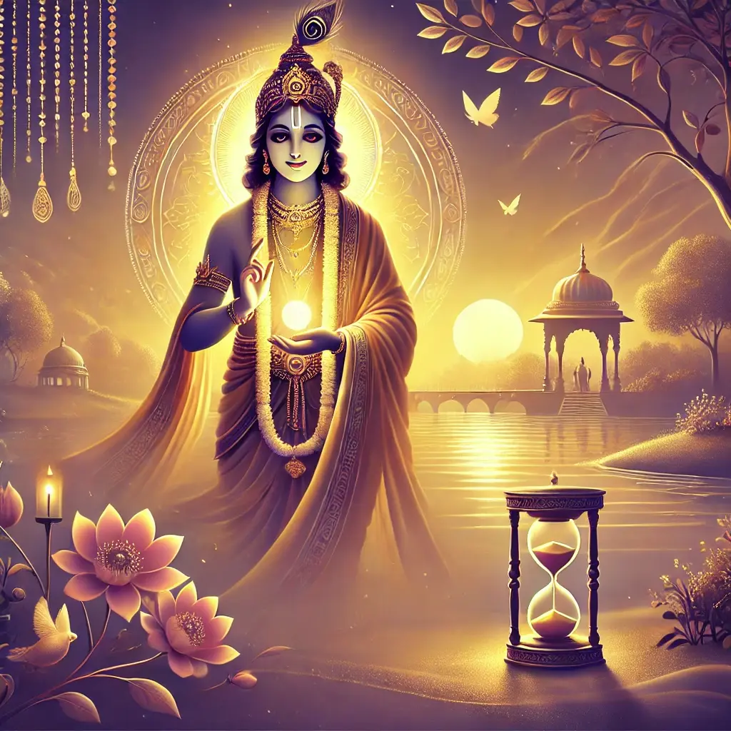 Serene banner image of Lord Krishna near a river at twilight while time passing by.