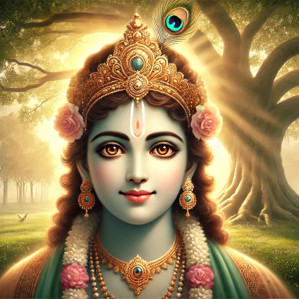 A beautiful image of Shree Krishna who is compassionately looking.
