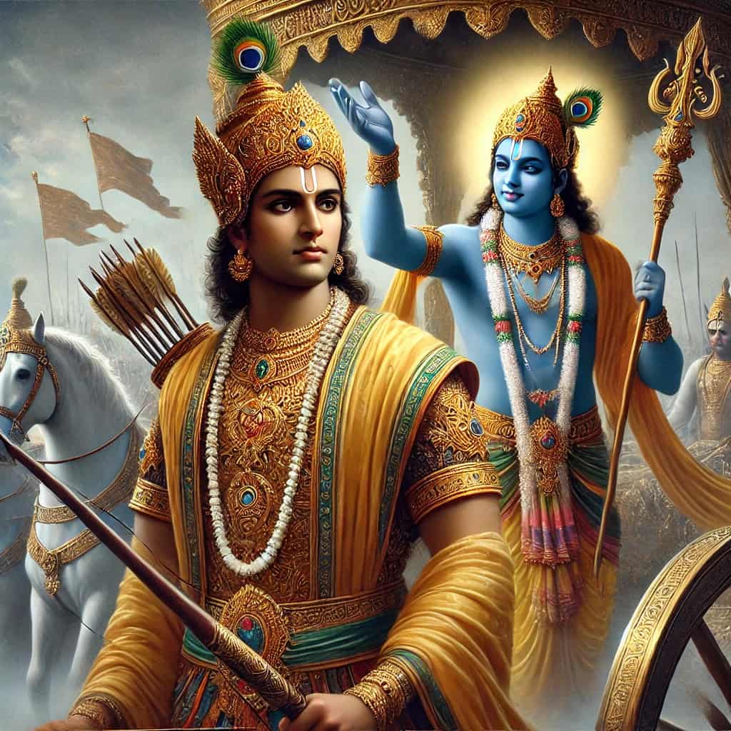 An image of battlefield where Krishna is imparting the divine lecture of Bhagavad Gita to Arjun.