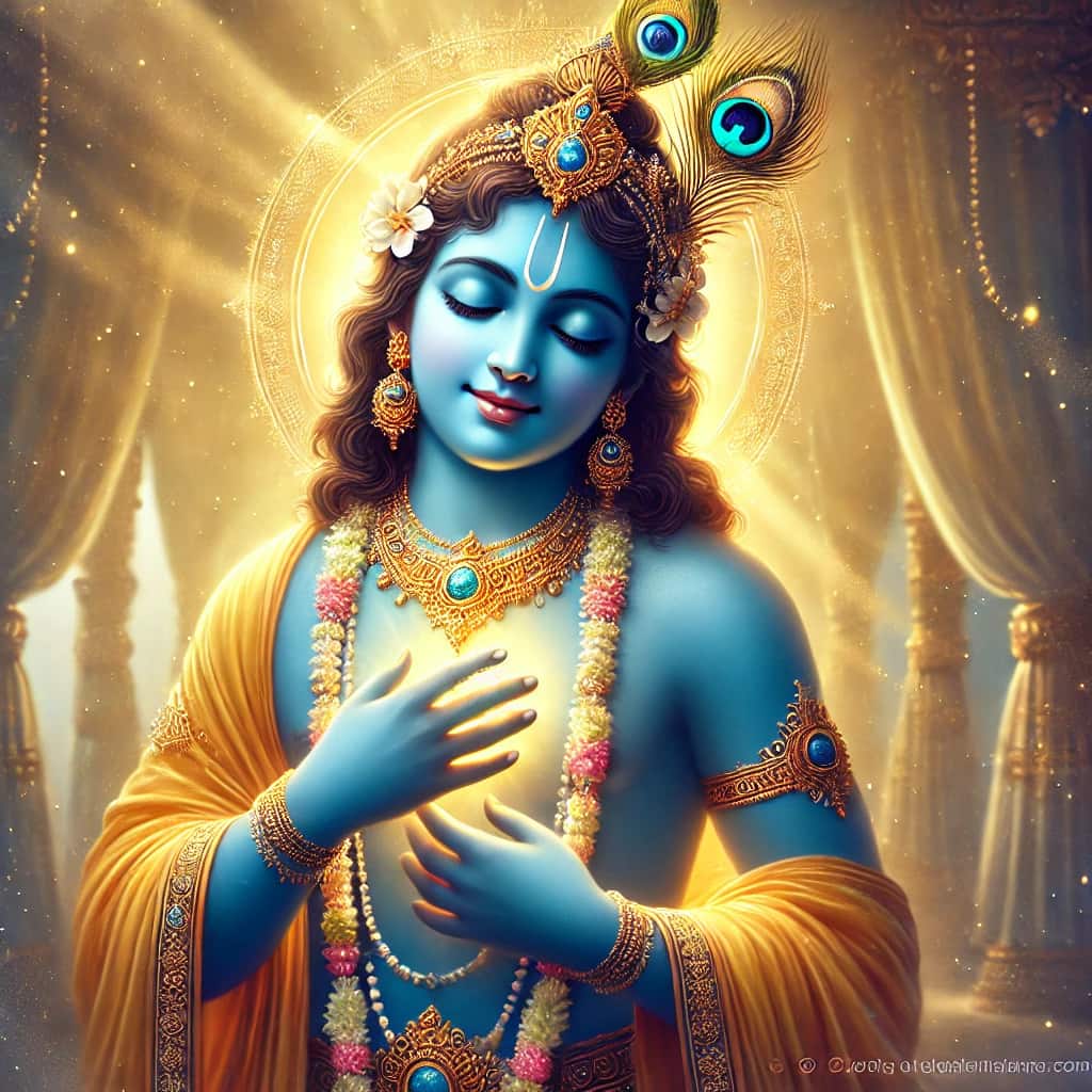 A beautiful image of Shree Krishna where he is keeping the love of his devotees close to his heart.
