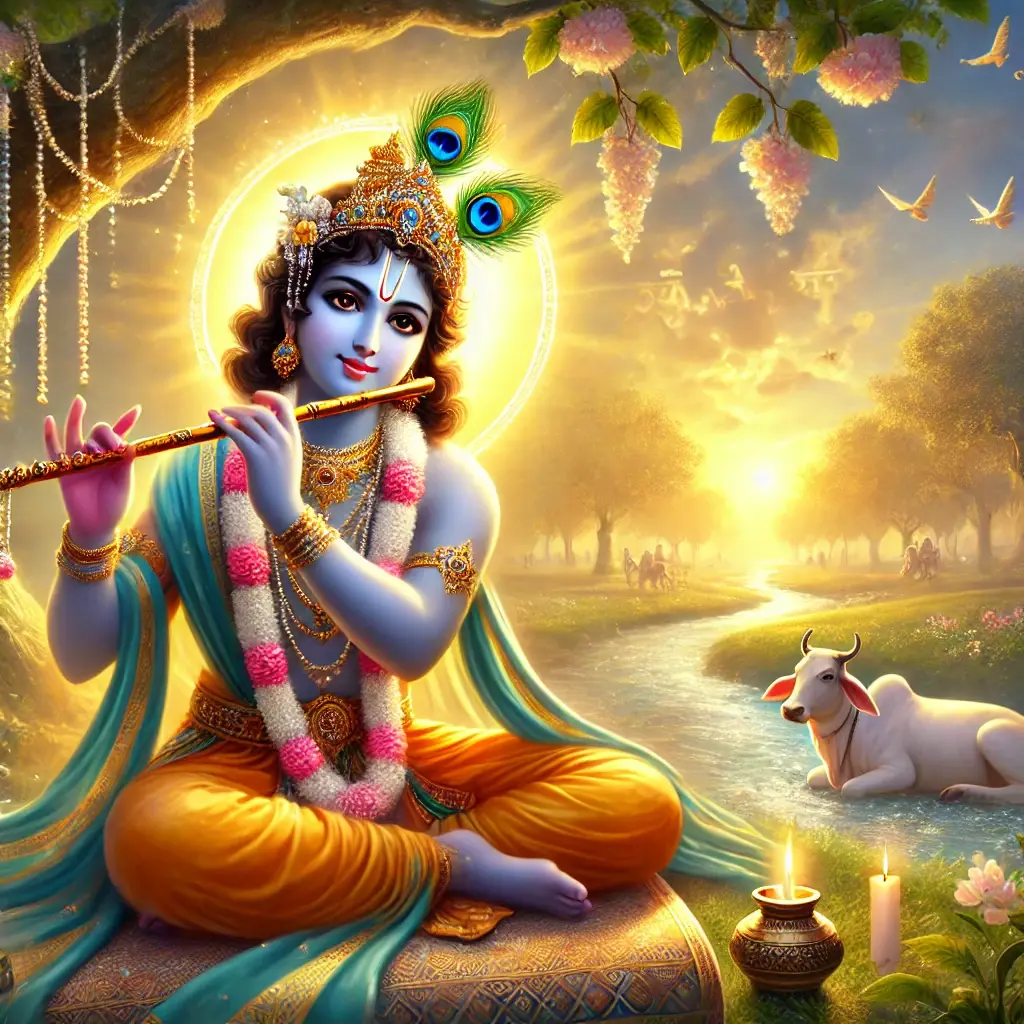 "A serene and divine scene of Shree Krishna with expressive, soulful eyes, sitting under a tree in Vrindavan."