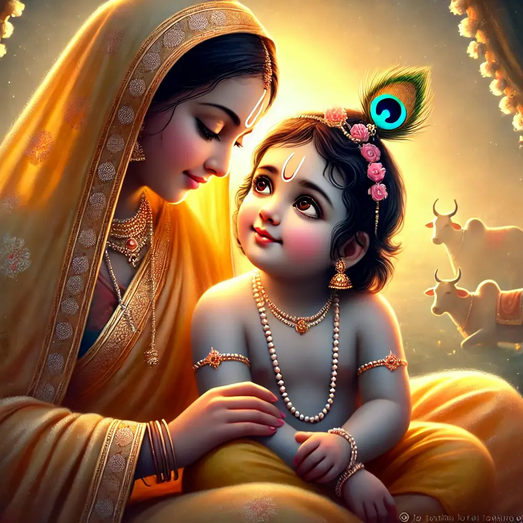 "A heartwarming image of young Shree Krishna with soulful, divine eyes, sitting lovingly in the lap of Mother Yashoda."