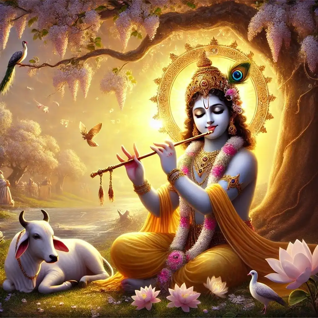"A serene and spiritually radiant image of Shree Krishna standing alone under a blossoming Kadamba tree."