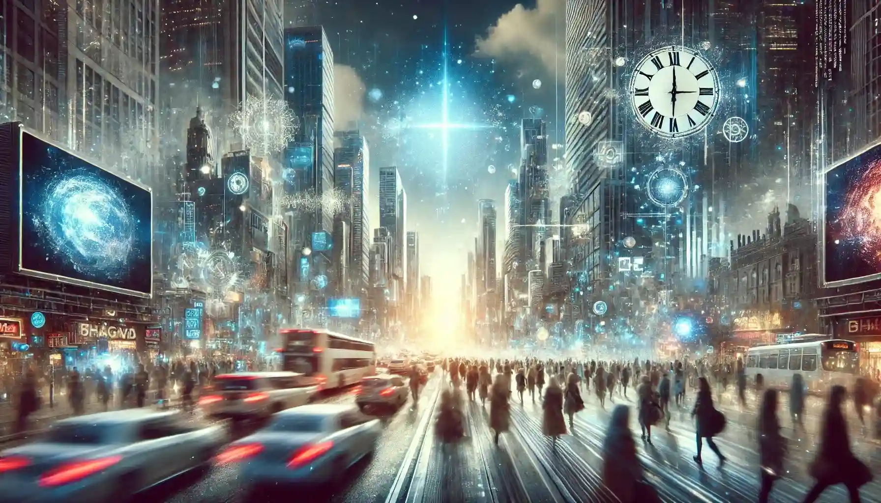 A downtown image with people crossing the roads and cars moving around.