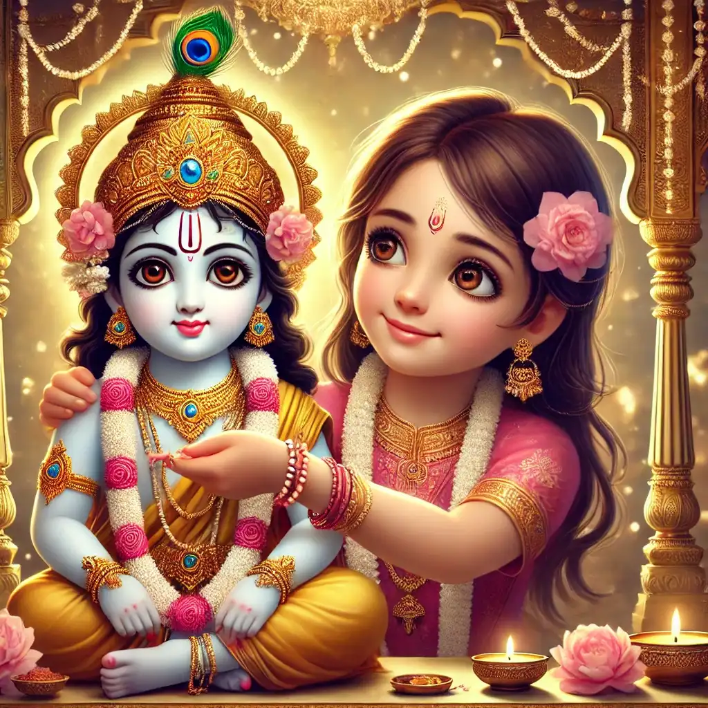 An image of Lord Krishna deity along with a girl who is offering Rakhi to him.