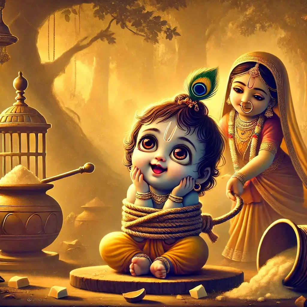 "A beautifully symbolic scene from the Damodar Leela showing baby Krishna tied to a wooden mortar."
