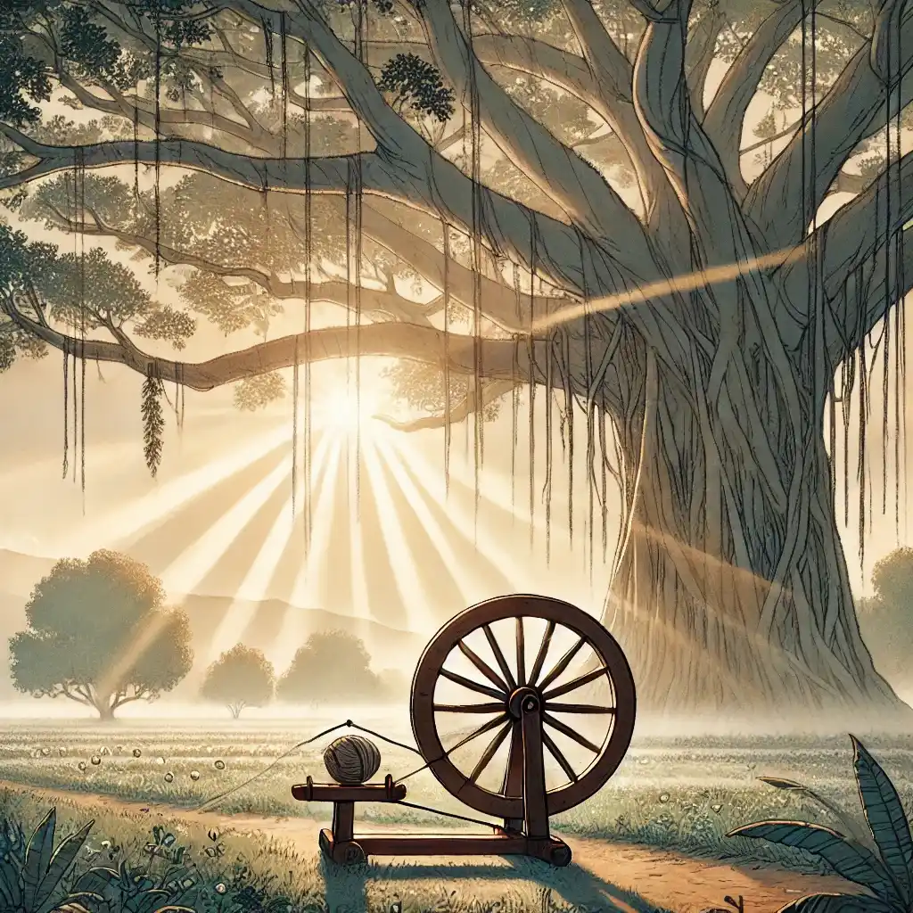 Studio Ghibli-style illustration of a traditional wooden spinning wheel (charkha).