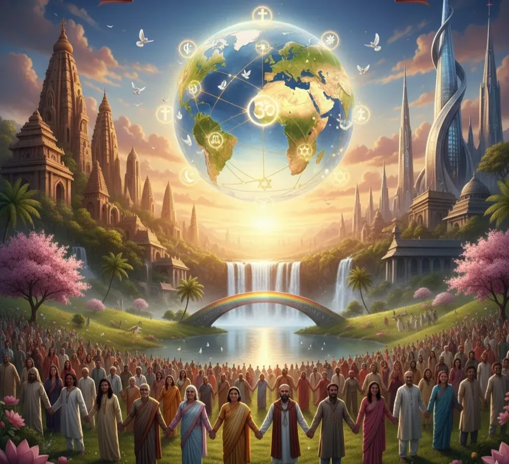 Diverse people holding hands globally under a glowing Earth with multi-faith symbols in a peaceful landscape.