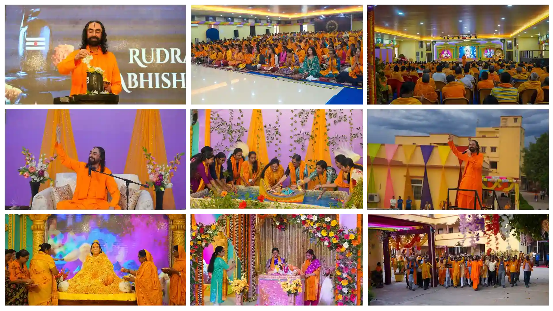 Swami Mukundanandji conducting spiritual retreats with devotees in prayer and celebration.