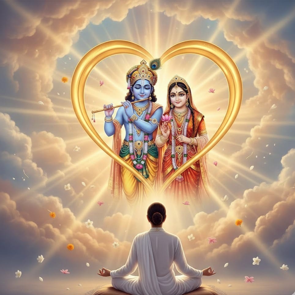 Devotee meditates beneath radiant heart framing Krishna and Radha in heavenly clouds glowing divine light.