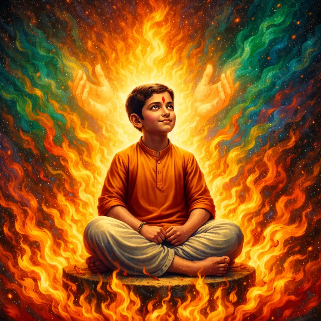 Calm in the flames, anchored in faith, Prahlad sits untouched as divine grace shields him
