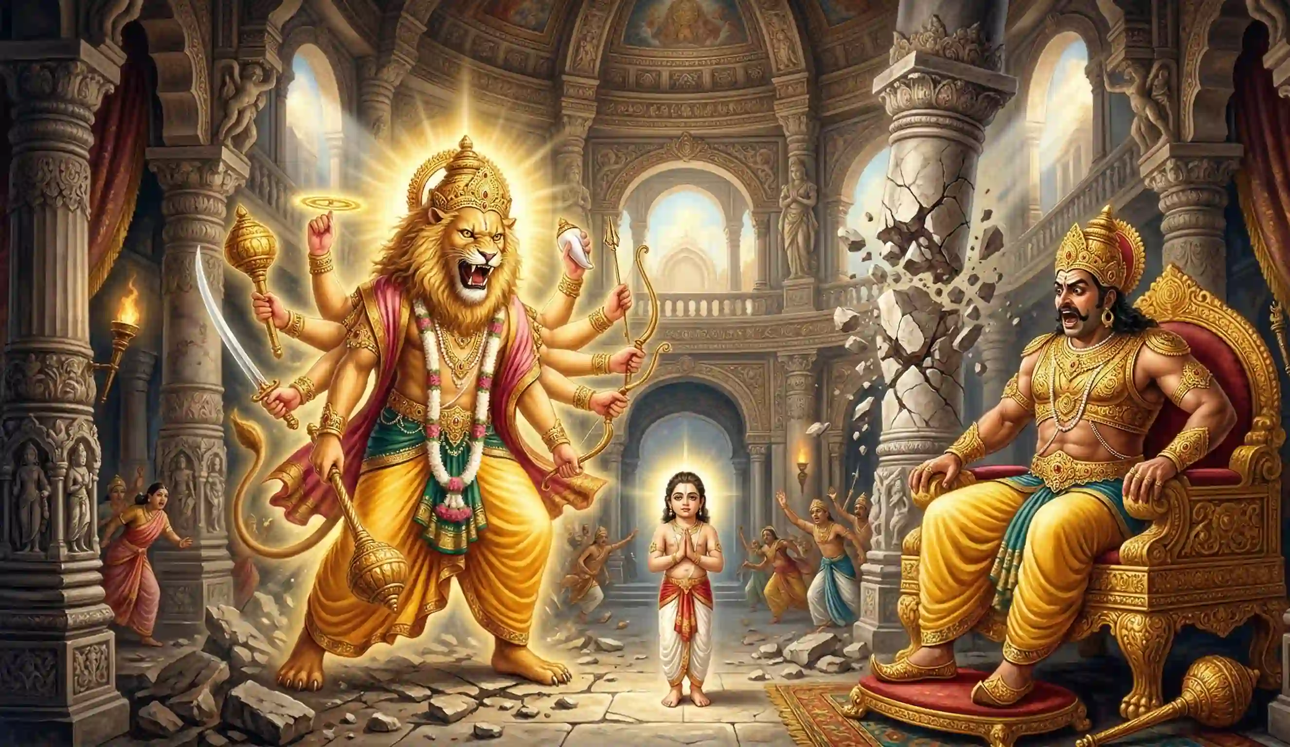 broken pillar in courtyard of king in front of Narshimha and Prahlad