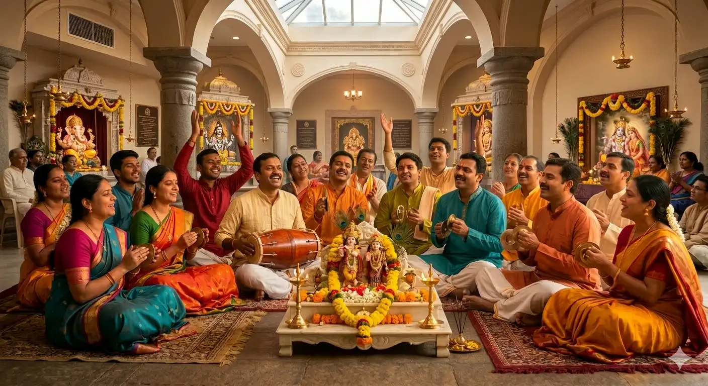 A group of devotees immersed in sankirtan