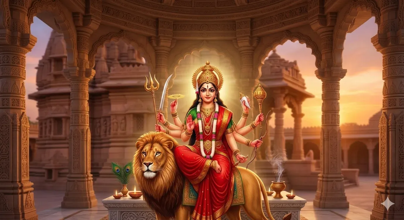 Hindu Goddess Durga sitting on a lion in a serene temple environment