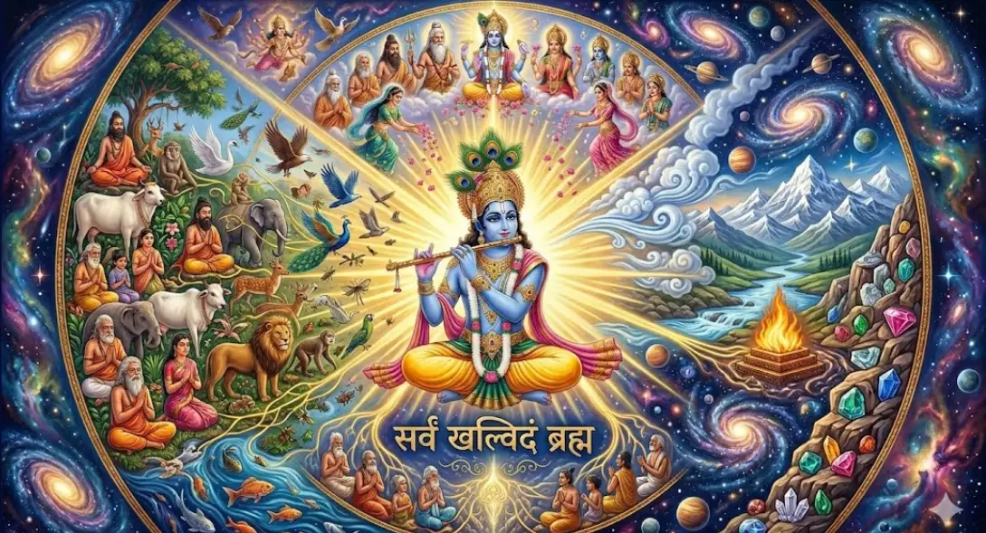 A cosmic scene displaying Shri Krishna is related every entity of this vast creation.