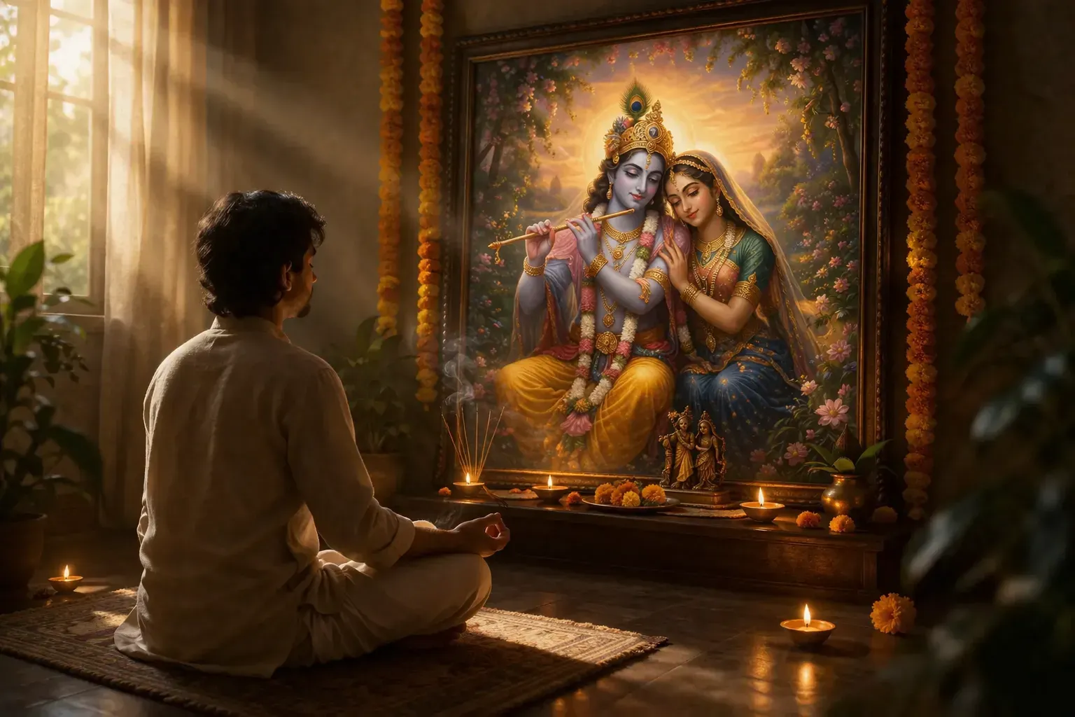 A person meditating on the image of Radha Krishna
