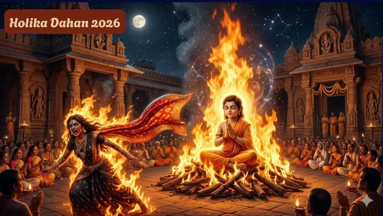 Prahlad unharmed in flames as Holika burns in  courtyard at night.