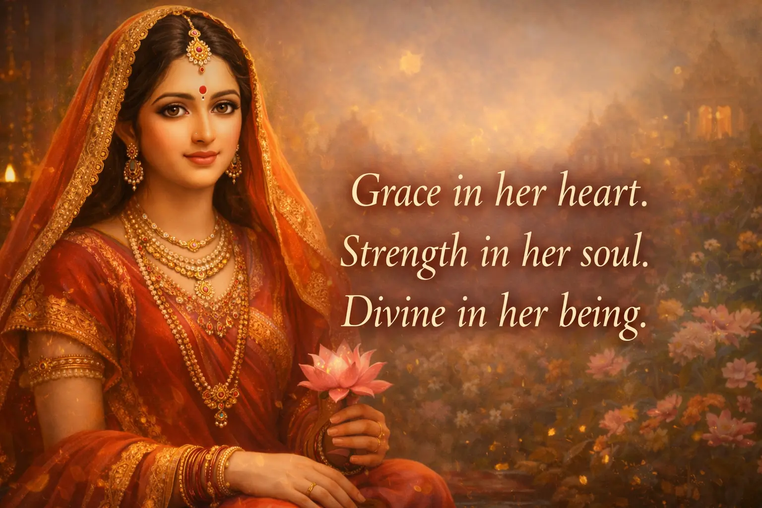 Goddess Sita in red attire holding a lotus with a calm, radiant expression