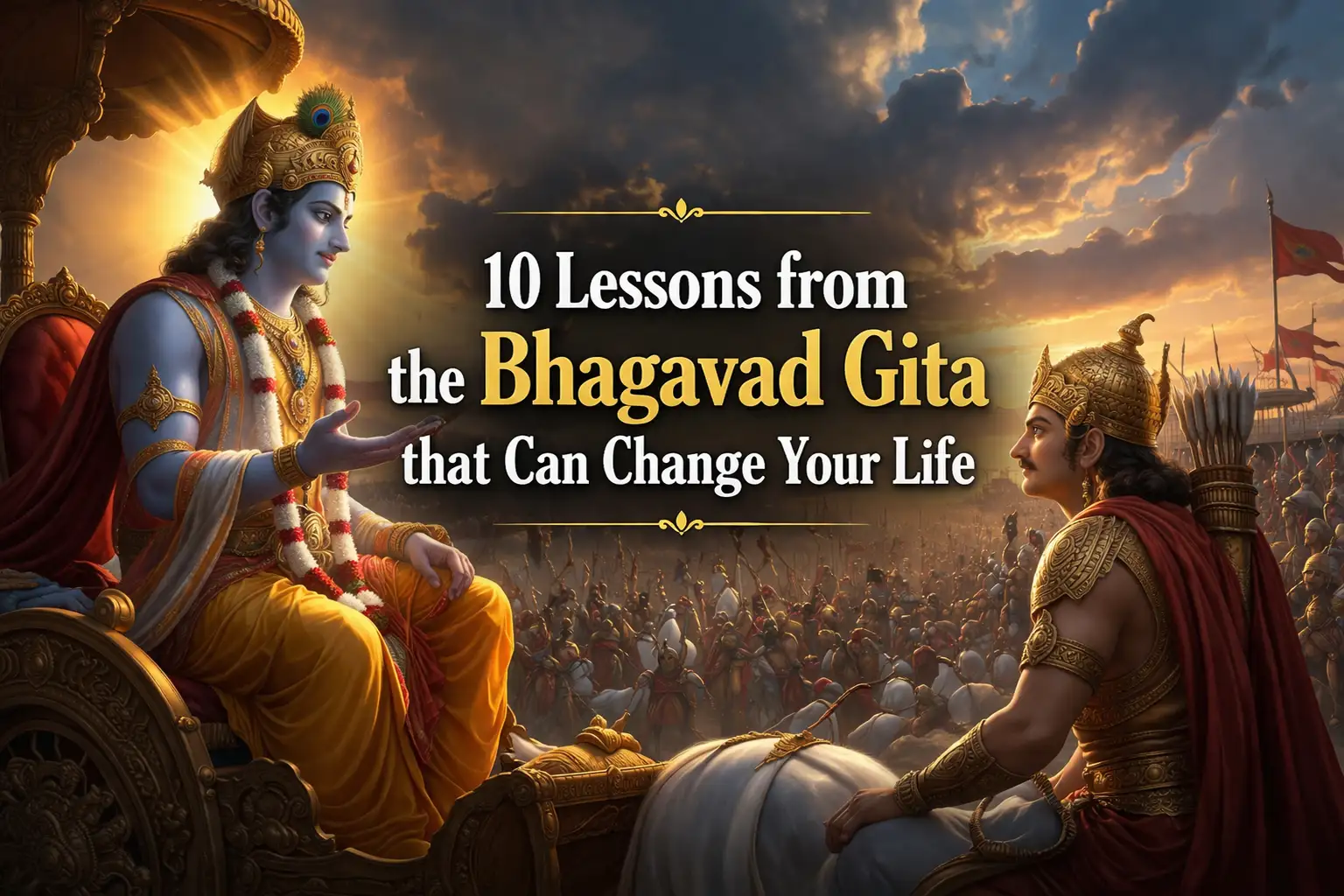 Shree Krishna talking to Arjuna on the battlefield.