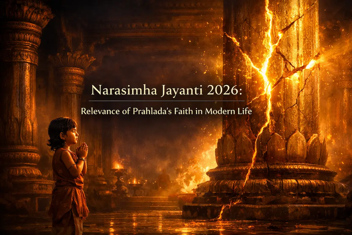 A young Prahlada praying before a glowing pillar in an ancient Indian palace at dusk, depicting the Narasimha Jayanti story.