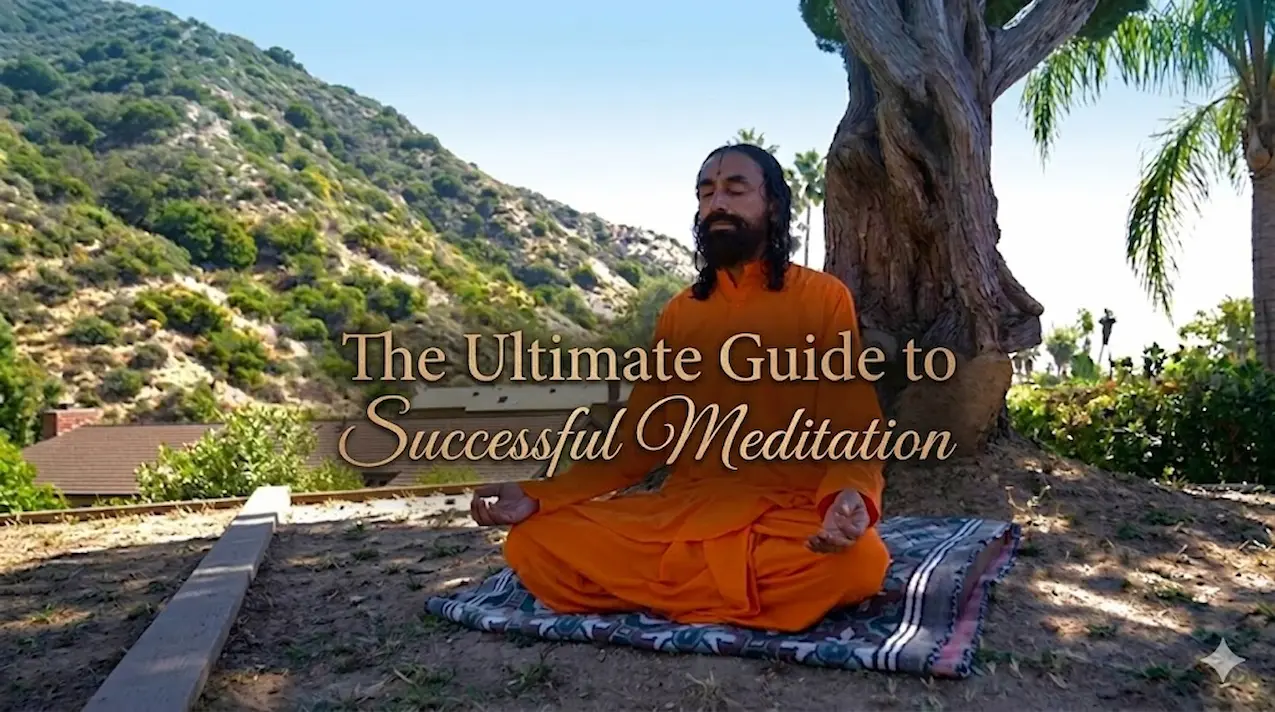 Swami Mukundananda Ji meditating outdoors under a tree in a serene natural setting.