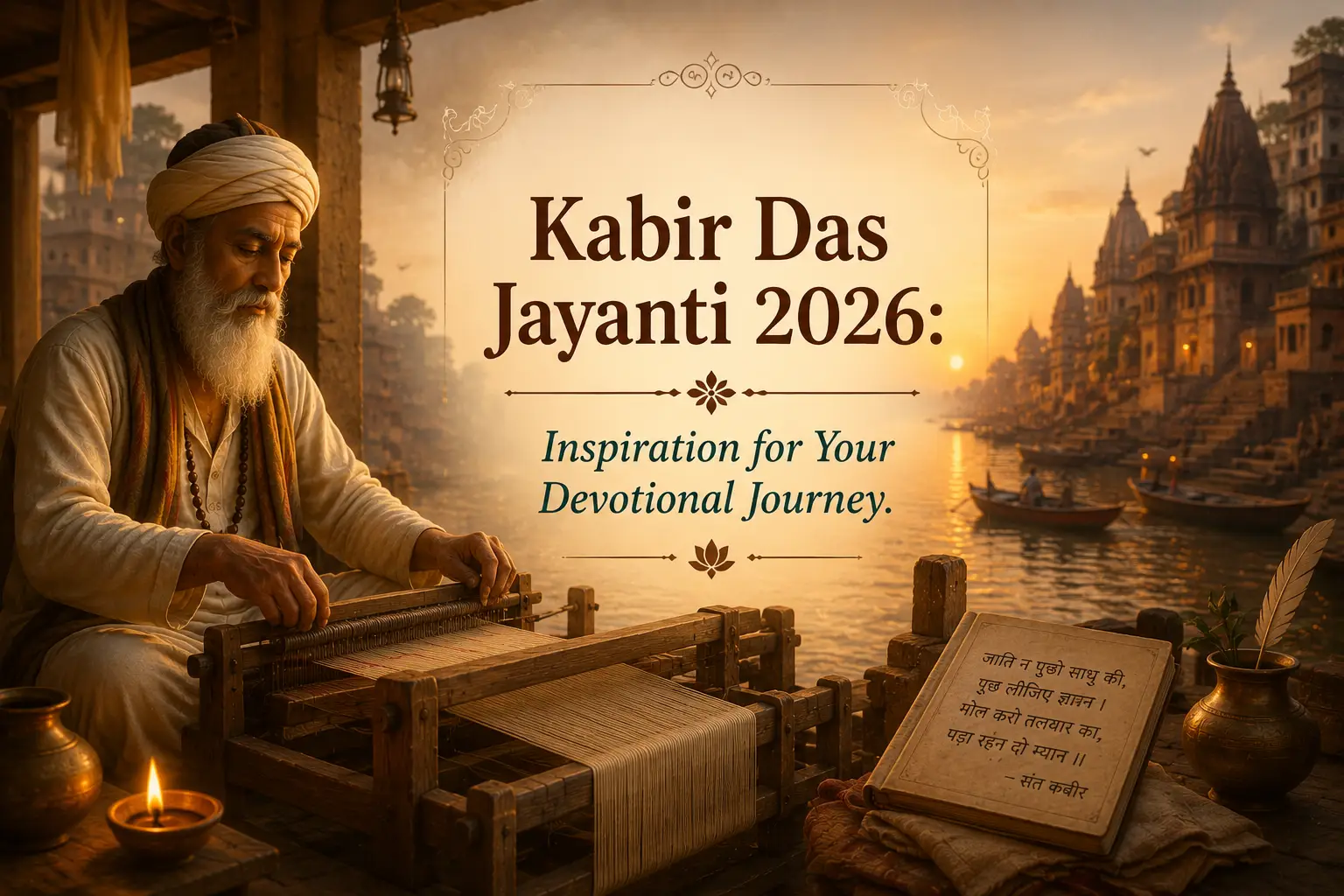 Sant Kabir weaving at his loom in Kashi with a diya and warm golden light.