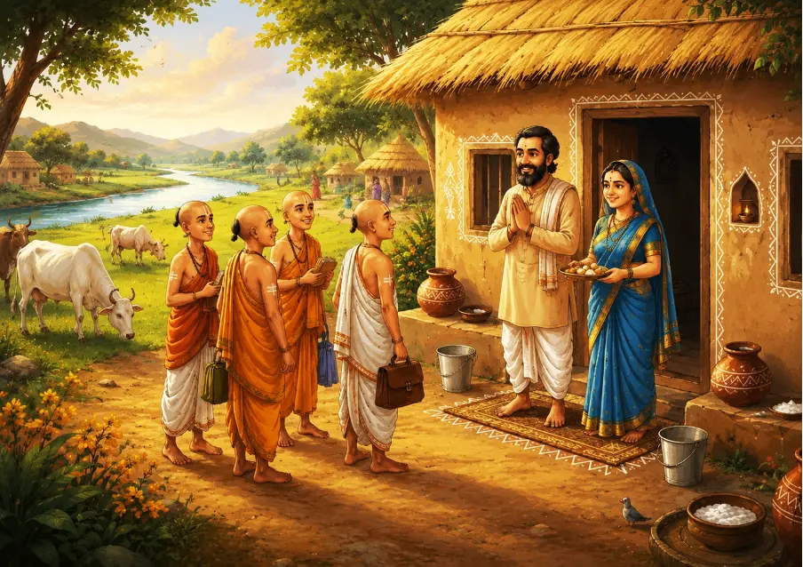 Nand Baba and Yashoda warmly welcome Brahmins into their home in Braj