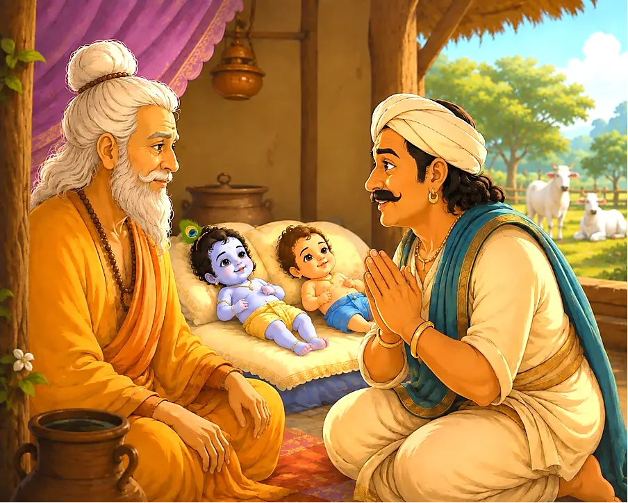 Nand Baba humbly approaches Garga Muni and requests him to perform the naming ceremony for his two sons