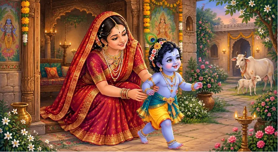 After lovingly adorning her little Krishna, Yashoda sends Him off to play