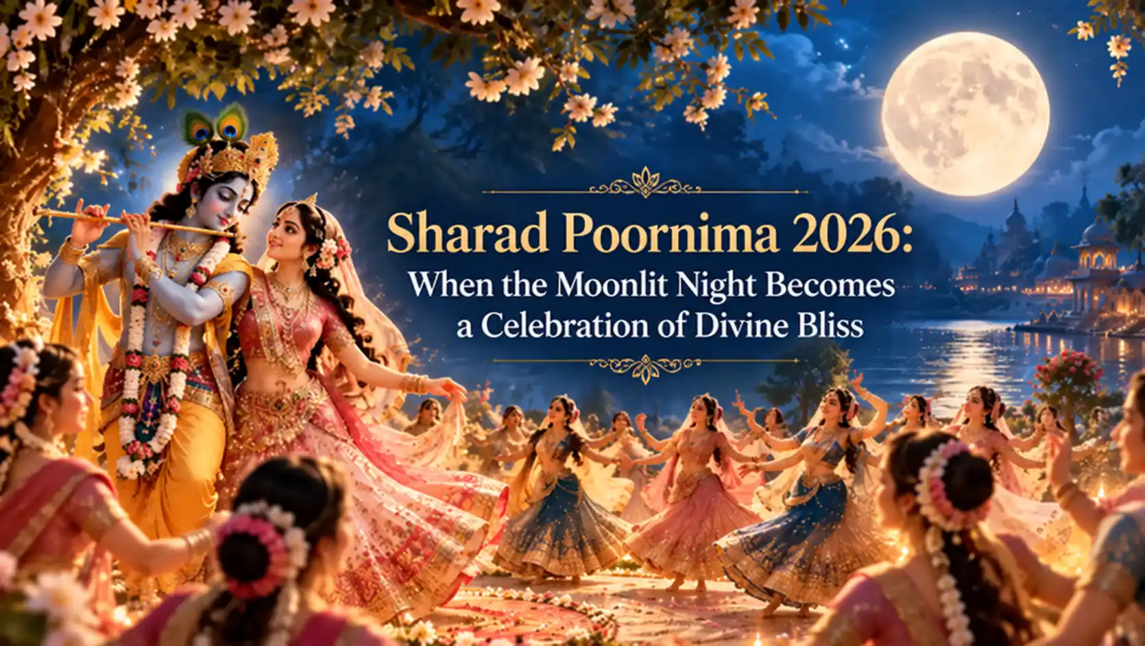 Shree Radha Krishna celebrating Maha Raas with the gopis beneath the full moon in Vrindavan on Sharad Poornima 2026