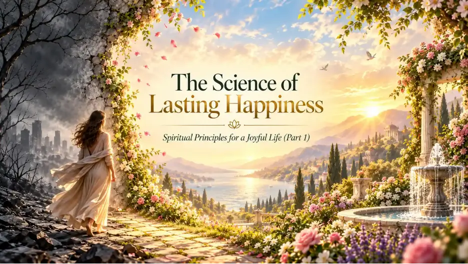 Woman walking from darkness into a radiant garden, symbolizing lasting happiness
